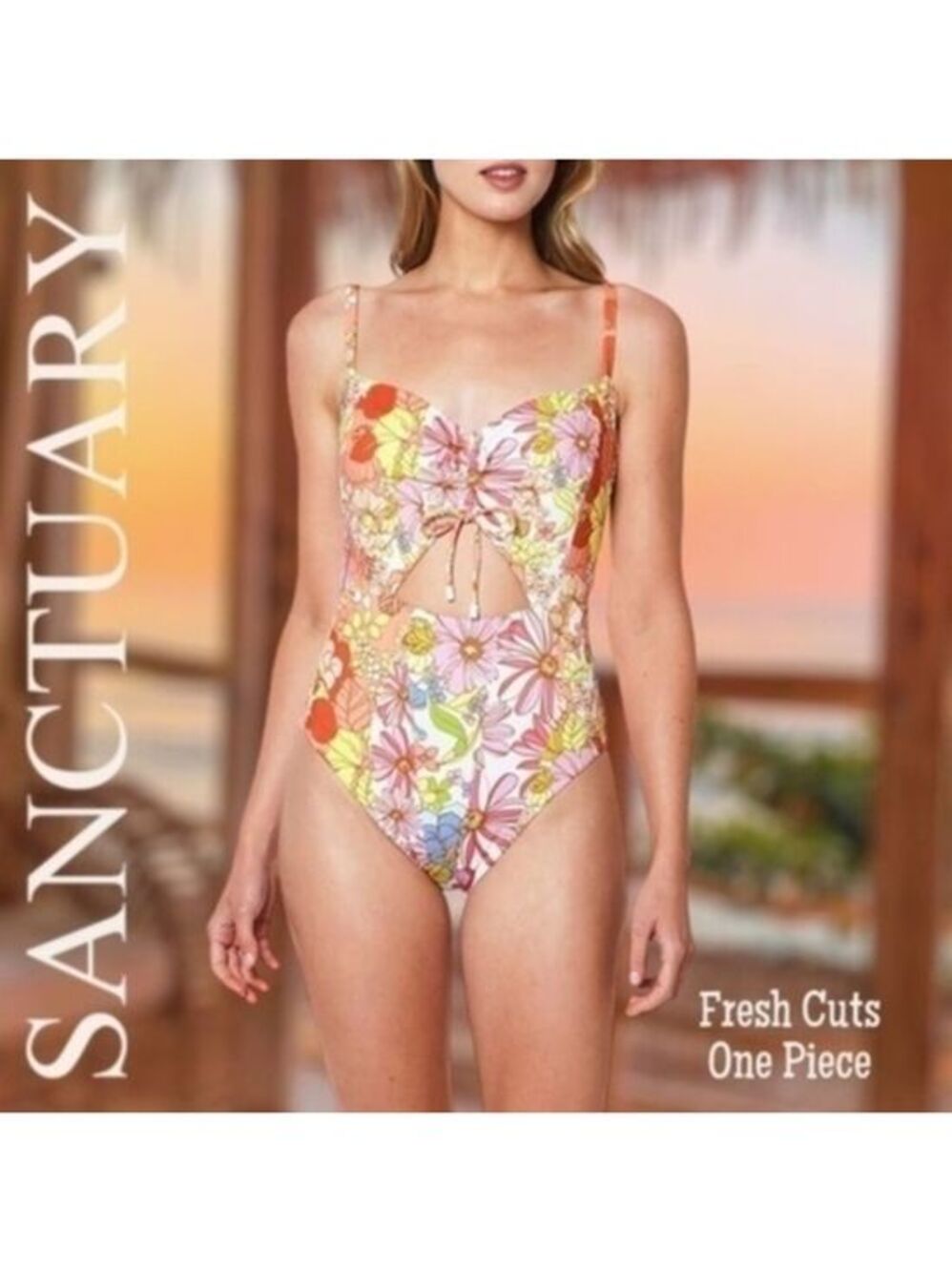 SANCTUARY Fresh Cuts Keyhole/Front Tie One Piece Floral Swimsuit Md/NWT